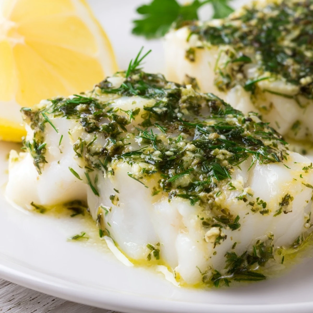 Perfectly flaky Baked Cod with Herb Butter served with steamed asparagus and lemon wedges on a rustic table.
