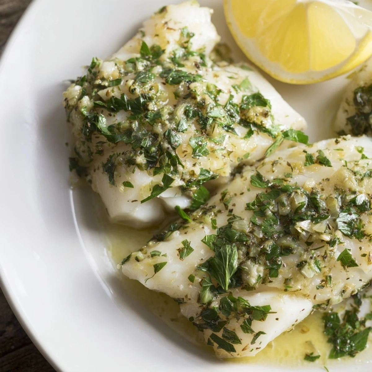 Freshly baked cod fillets topped with melted herb butter, lemon zest, and chopped parsley on a ceramic plate.