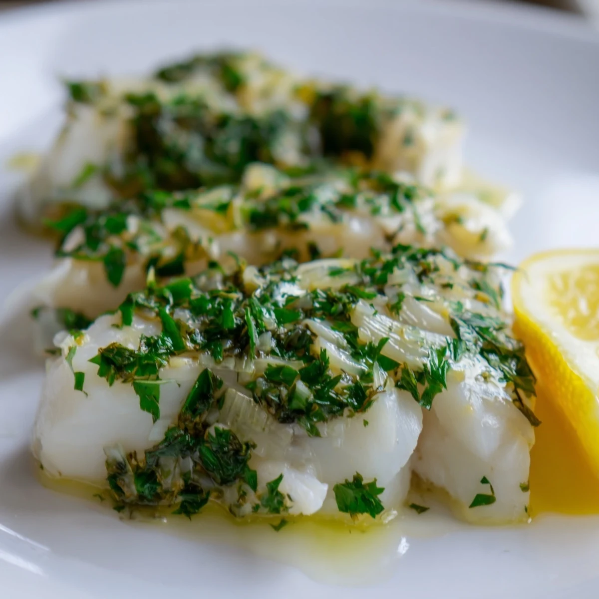 Golden, oven-baked Baked Cod with Herb Butter fillets garnished with fresh herbs, ready to serve for dinner.