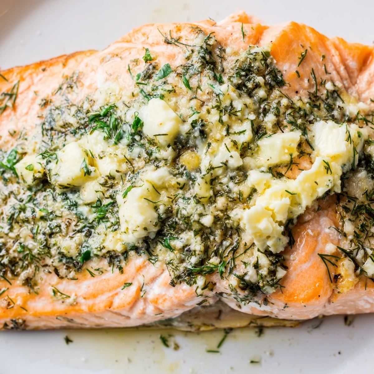 Perfectly cooked Baked Salmon with Lemon Herb Butter on a plate beside steamed green beans and a fluffy rice pilaf.