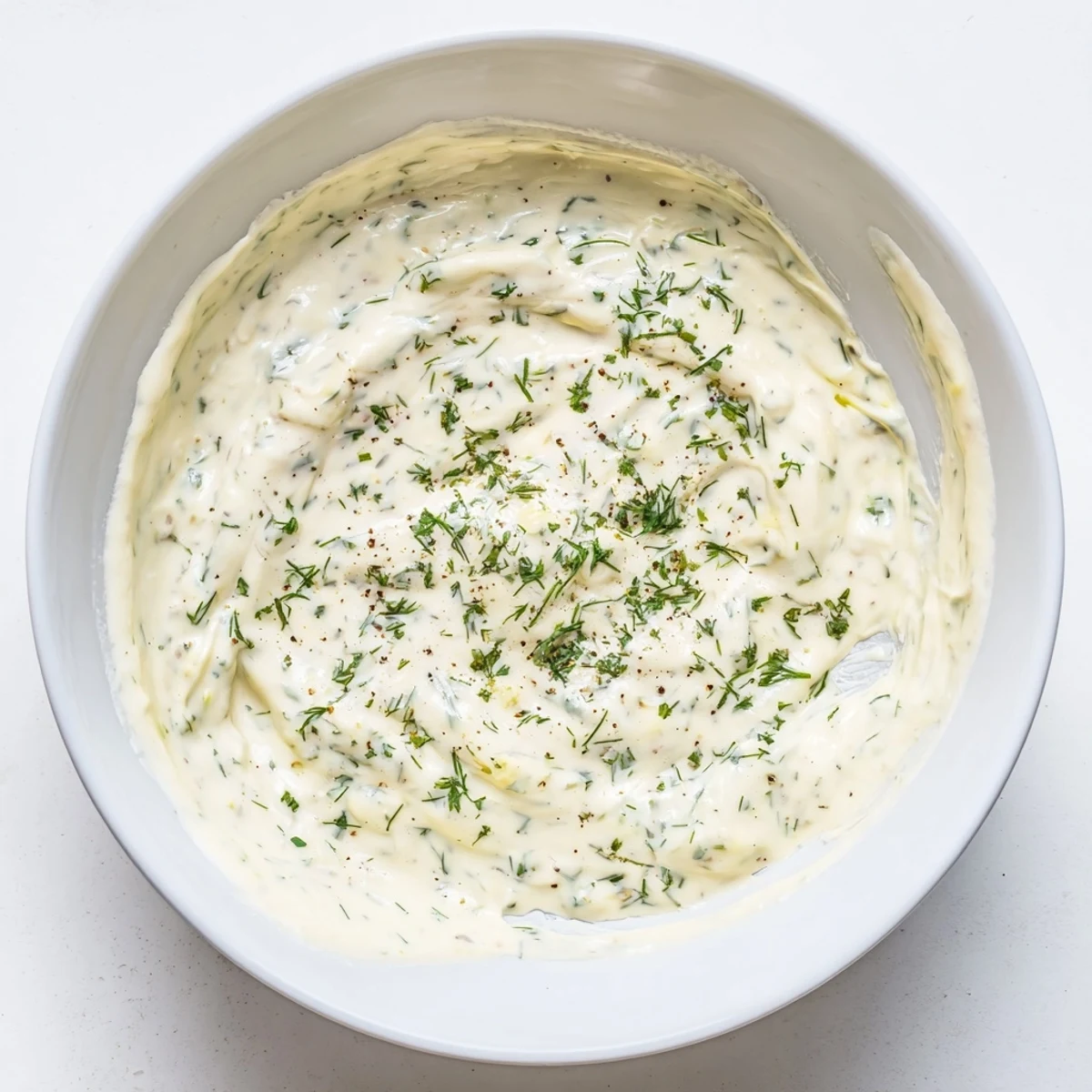 Close-up of Creamy Salad Dressing with Herbs in a small white bowl, garnished with fresh dill and chives, ready to serve.