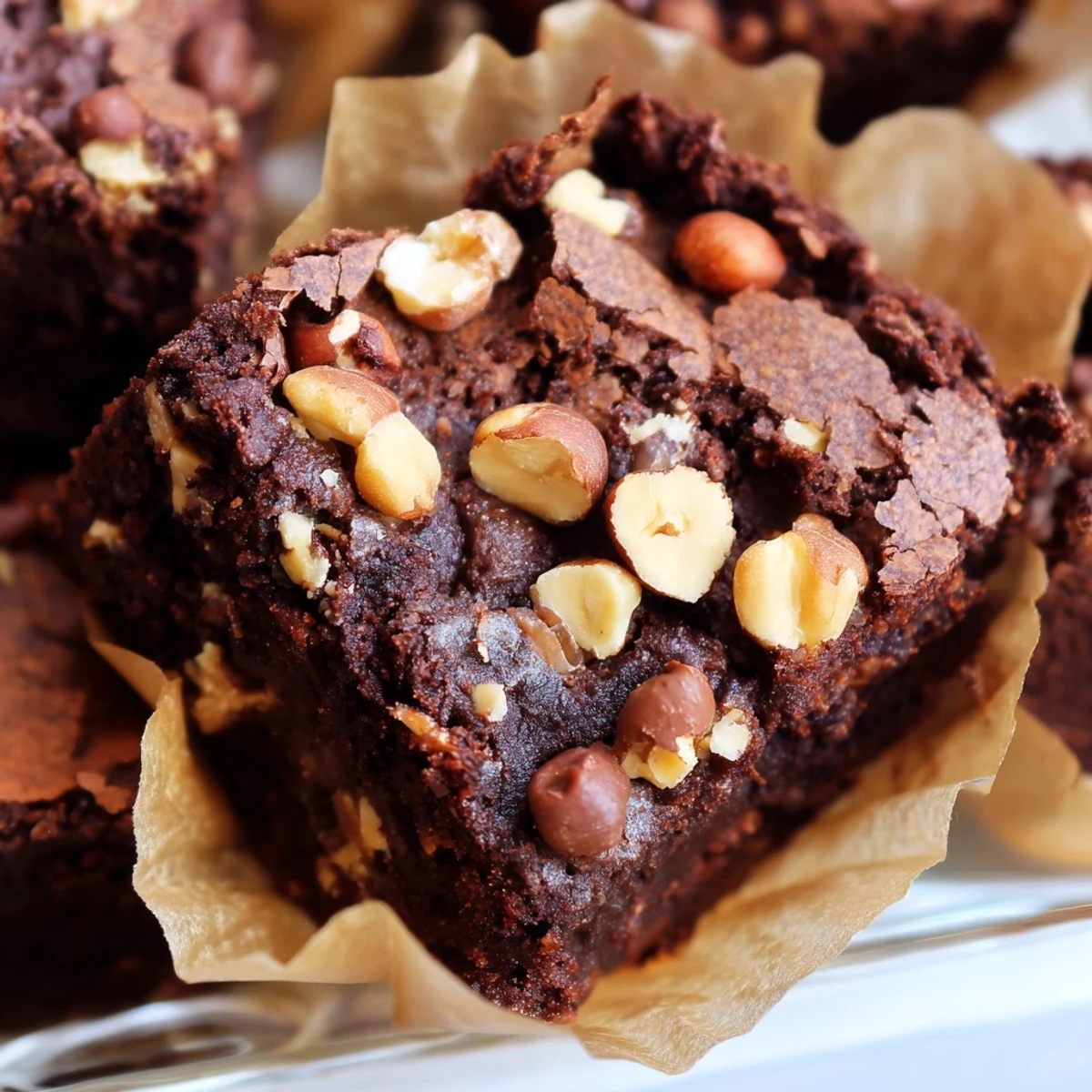 A close-up of rich, fudgy Chocolate Brownie Bites with Nuts shows cracked tops and chopped pecans.