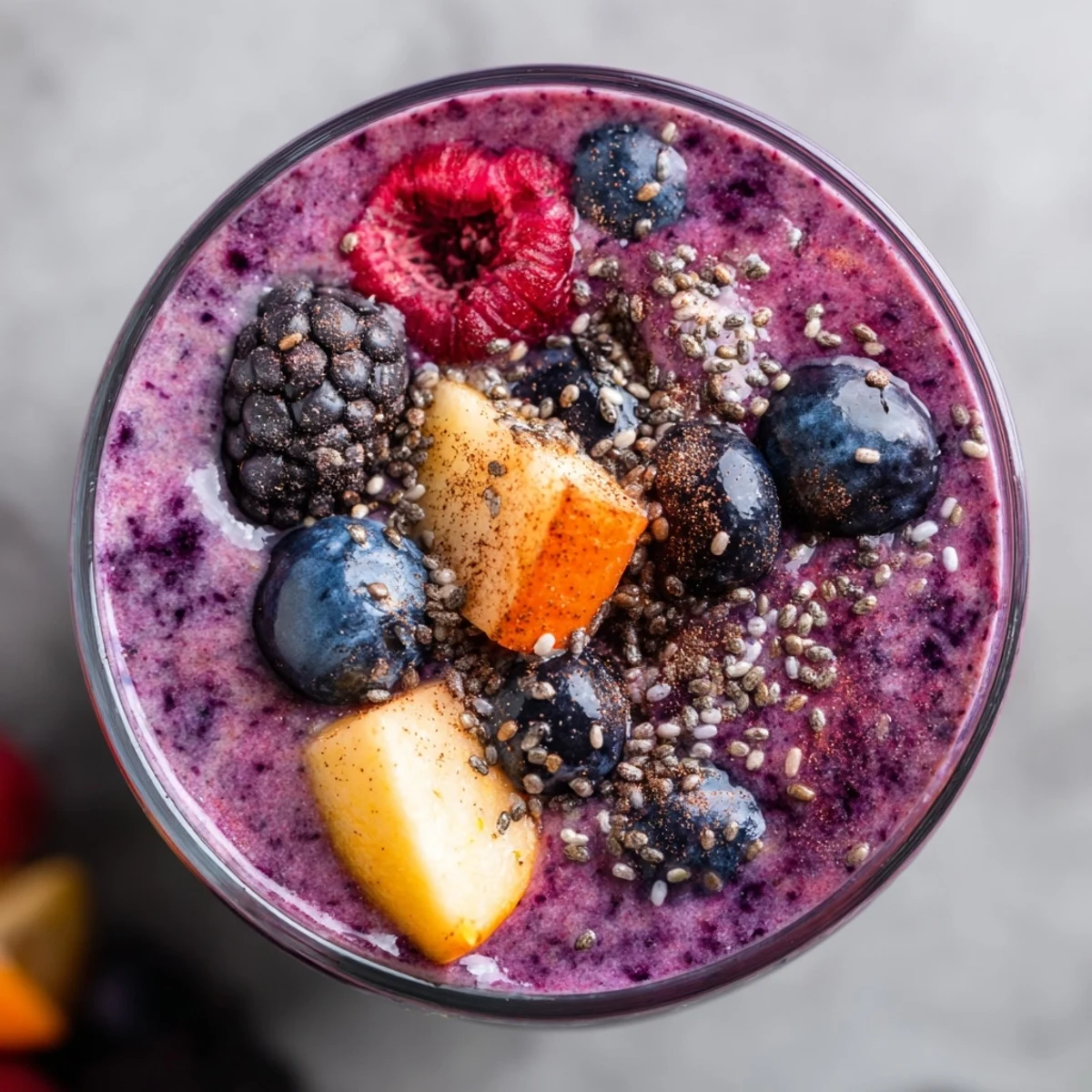 A glass of Winter Smoothie Blend with Berries, filled with ice-cold purple smoothie and topped with fresh berries and chia seeds.