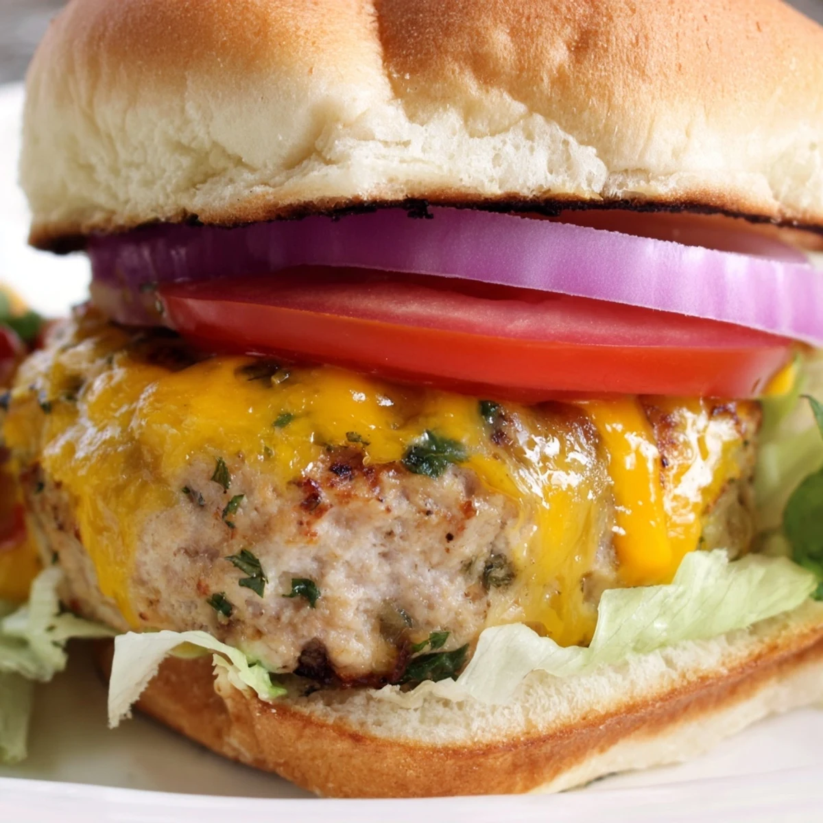 Golden-brown turkey cheese burger on a toasted bun with melted cheddar, lettuce, tomato, and red onion slices.