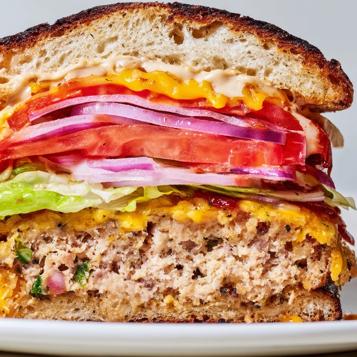 Freshly cooked turkey cheese burger on a toasted bun, layered with lettuce, tomato, and condiments, served with sweet potato fries.