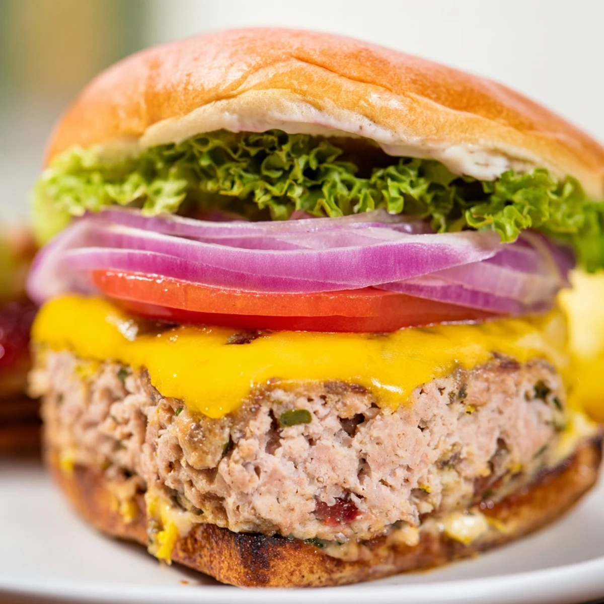 A juicy ground turkey burger with melted cheese on a soft bun, topped with crisp lettuce, tomato, and red onion.