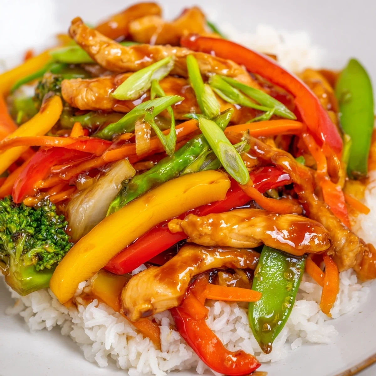 Steaming jasmine rice forms the base for this Chicken Veggie Stir Fry with Rice, topped with colorful peppers and tender chicken.