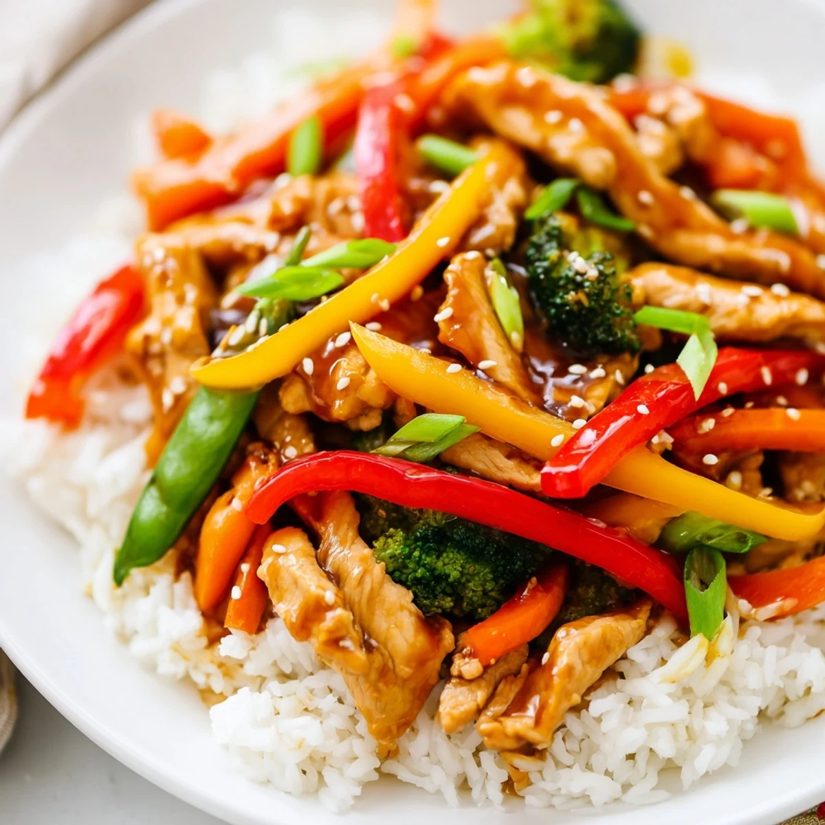Serving Chicken Veggie Stir Fry with Rice in a white bowl, garnished with green onions for a flavorful weeknight dinner.