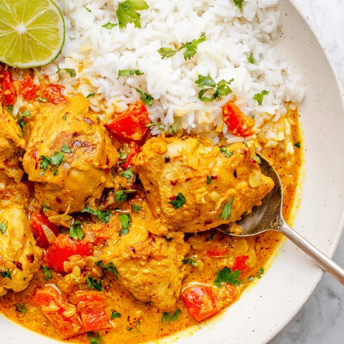 Aromatic Spicy Curry Chicken with Rice plated beside a crisp cucumber raita, perfect for weeknight dinner.