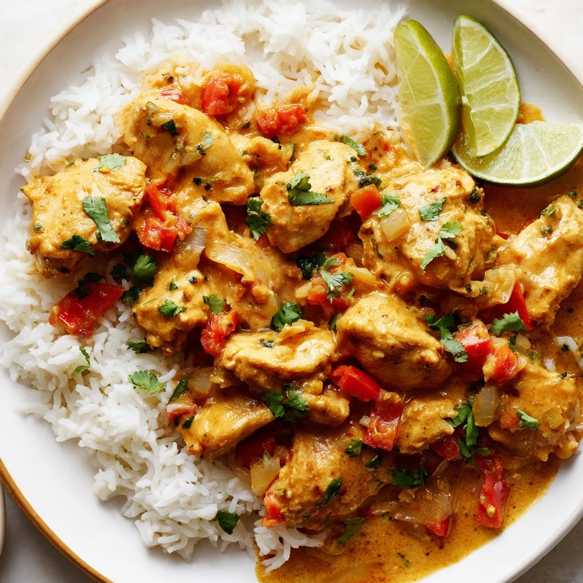 Close-up of Spicy Curry Chicken with Rice with creamy coconut sauce over fluffy basmati rice.