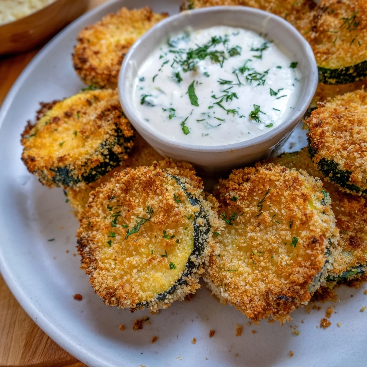 Crispy Zucchini Chips with Dip arranged on a platter with a creamy herby yogurt dip and lemon wedges.