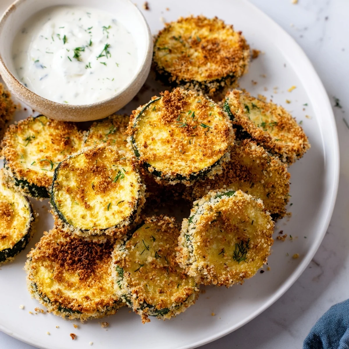 Freshly baked Crispy Zucchini Chips with Dip served warm, showcasing golden edges and a refreshing cool dip.