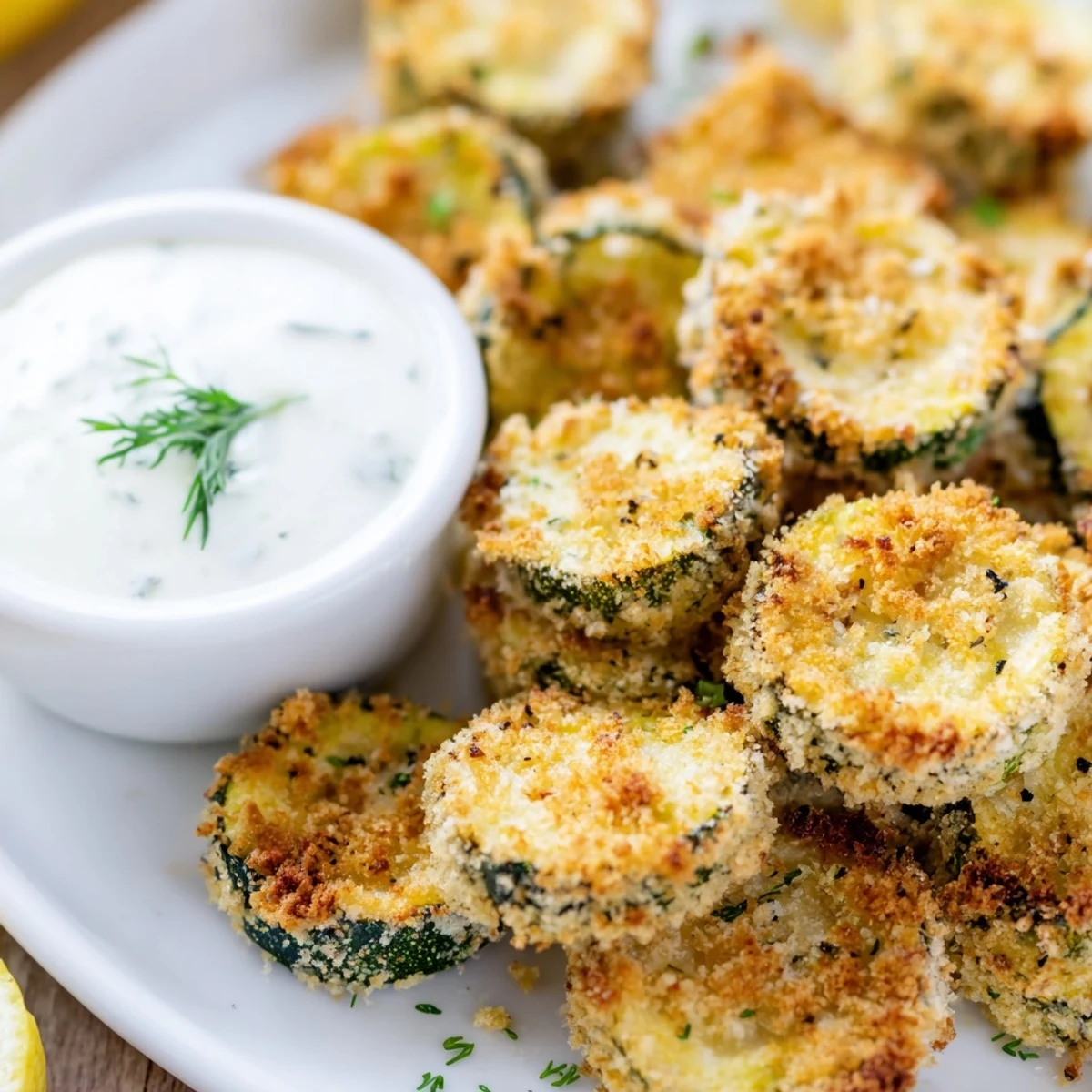 A close-up of Crispy Zucchini Chips with Dip, highlighting crunchy texture and a vibrant dill yogurt sauce.