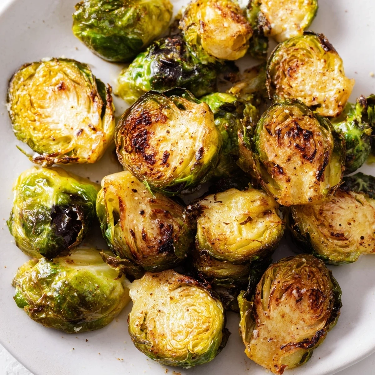 Crispy roasted Brussels sprouts halves on a parchment-lined baking sheet, ready to serve as a tasty American side dish.