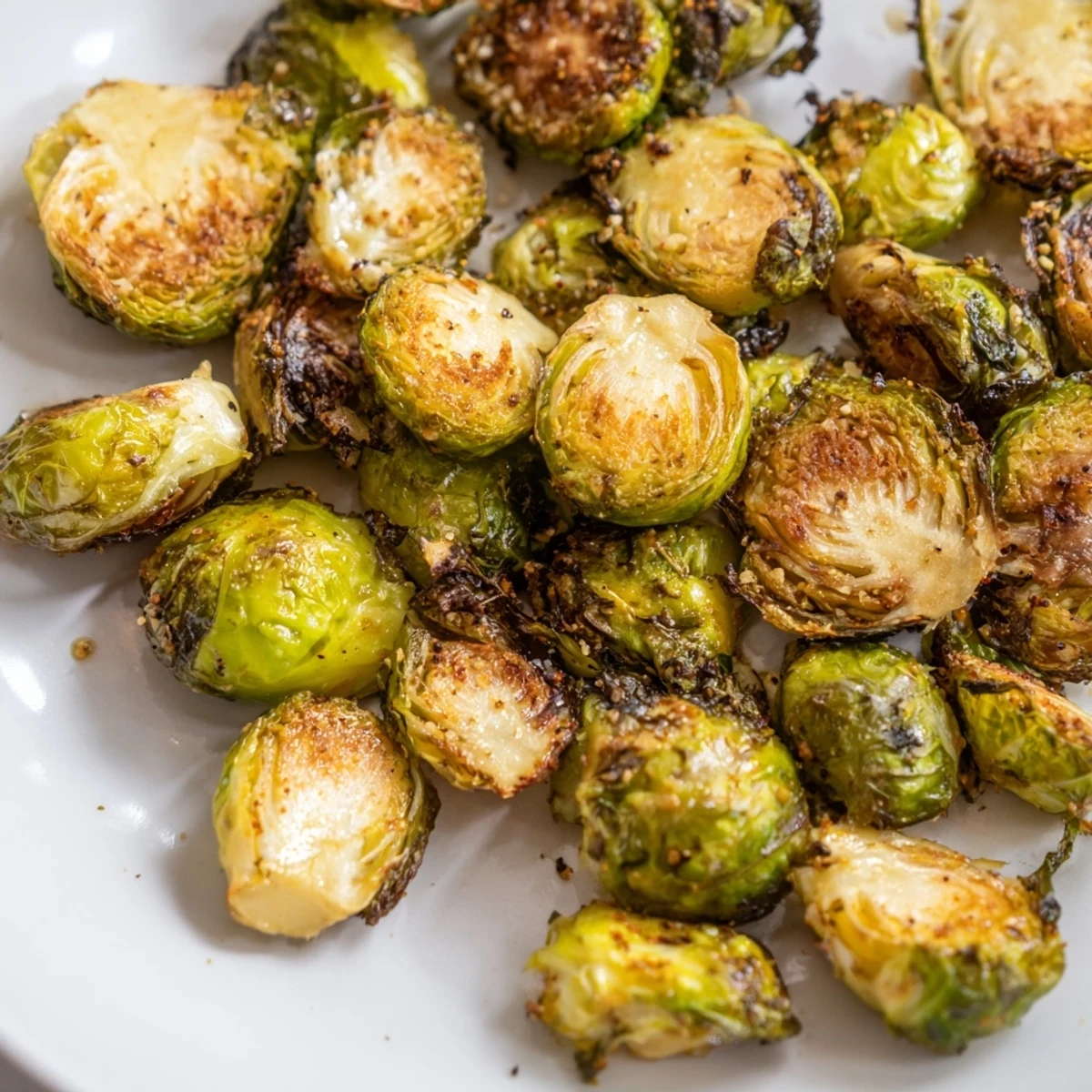 Golden-brown roasted Brussels sprouts halves with a sprinkle of paprika, paired with a lemon wedge for a bright serving suggestion.