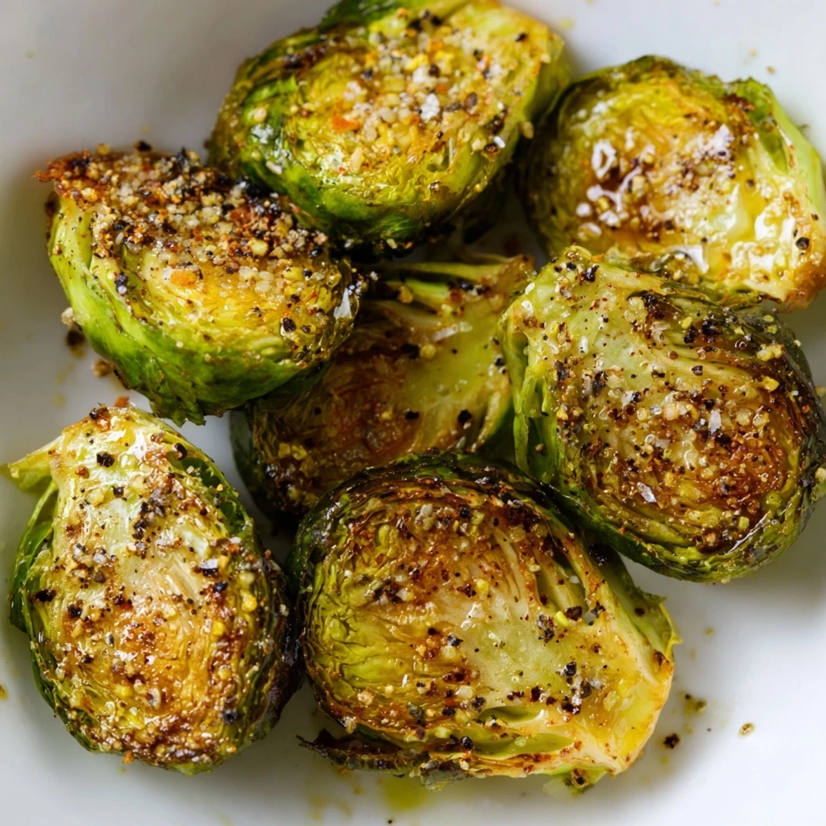 Freshly roasted Brussels sprouts halves arranged in a single layer, showcasing crispy edges and a tender, green interior.