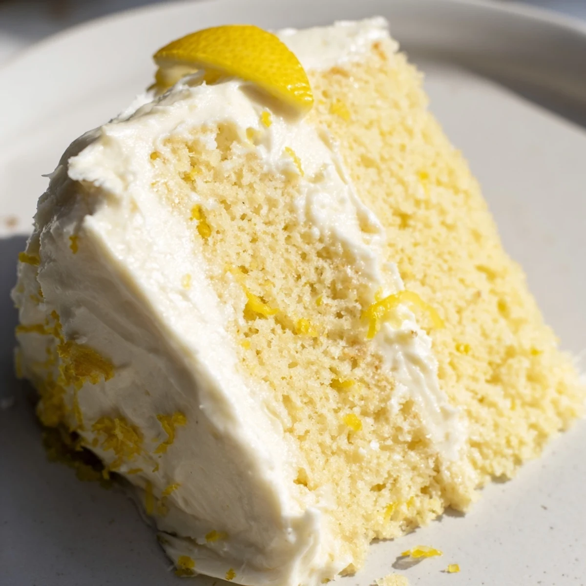 Overhead view of Lemon Cake Slice with Frosting, highlighting the golden crumb and bright, tangy lemon frosting swirls.