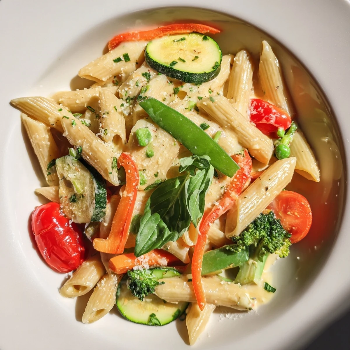 In a skillet, Creamy Pasta Primavera with Vegetables sizzles with steam rising, fresh cherry tomatoes and snap peas adding vibrant pops of color.