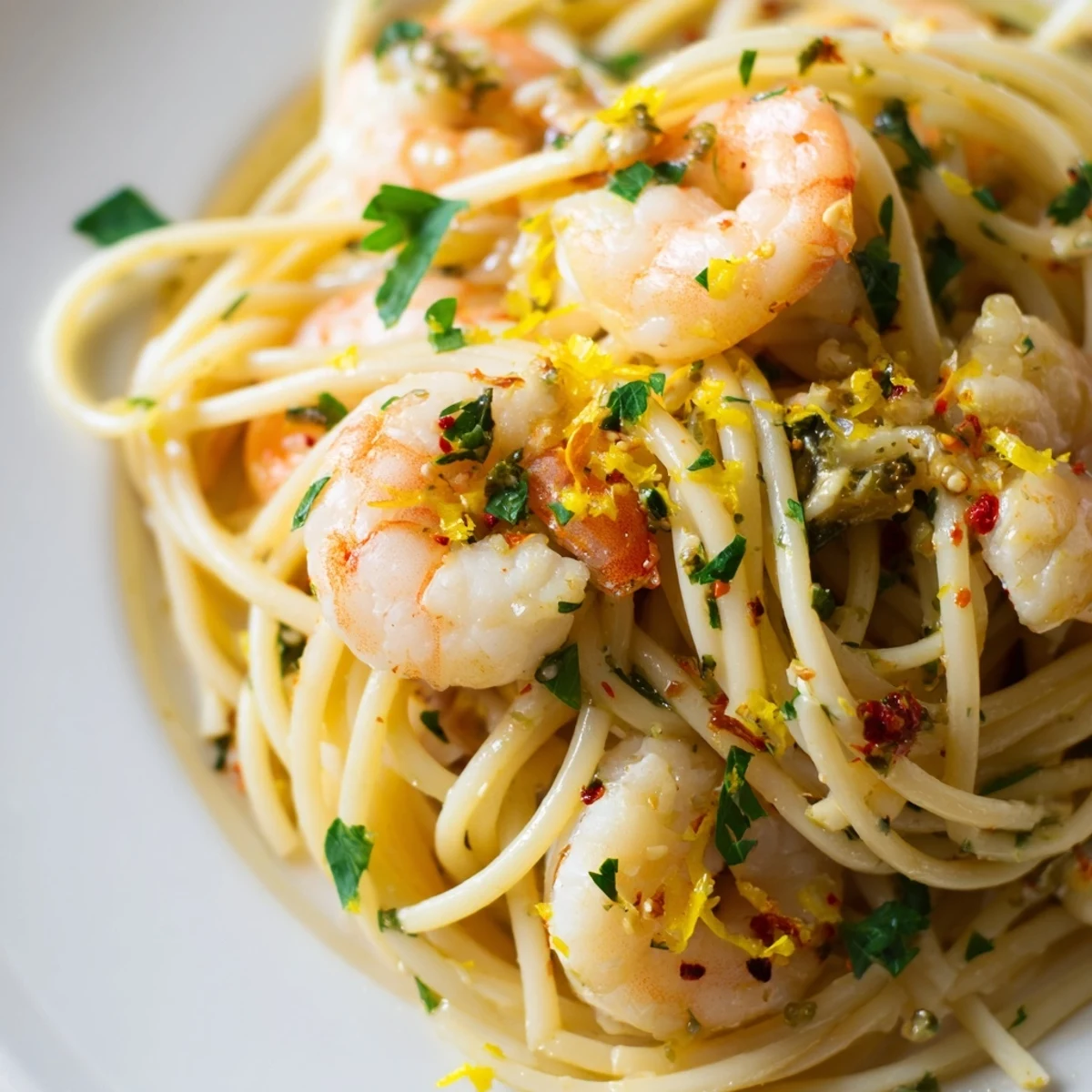 Plate of Lemon Shrimp Pasta with Garlic, featuring golden shrimp and al dente spaghetti coated in a zesty lemon-butter sauce.