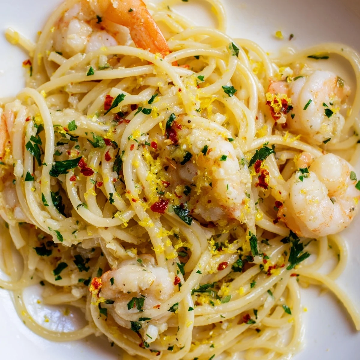 Tossing Lemon Shrimp Pasta with Garlic in a skillet, with bright lemon zest, fresh parsley, and steam rising from the pan.