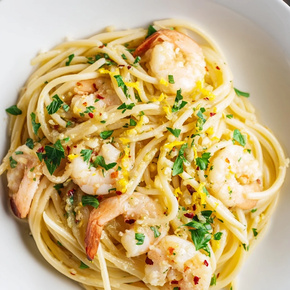 Freshly plated Lemon Shrimp Pasta with Garlic served with lemon wedges and parsley, ready for a weeknight Italian-American dinner.