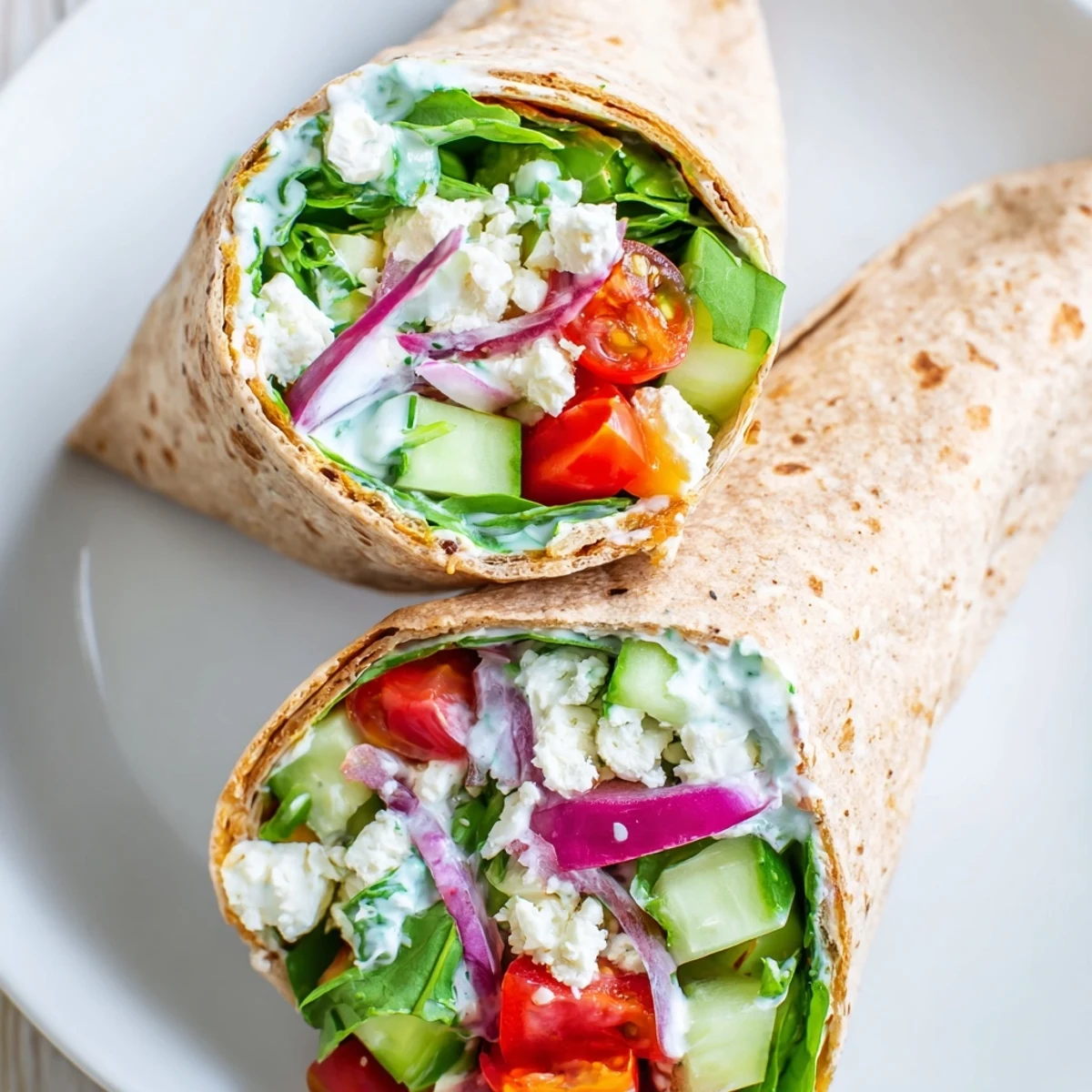 A close-up of a Mediterranean Sandwich Wrap, cut diagonally to show chopped cucumbers, tomatoes, and crumbled feta inside a whole wheat tortilla.