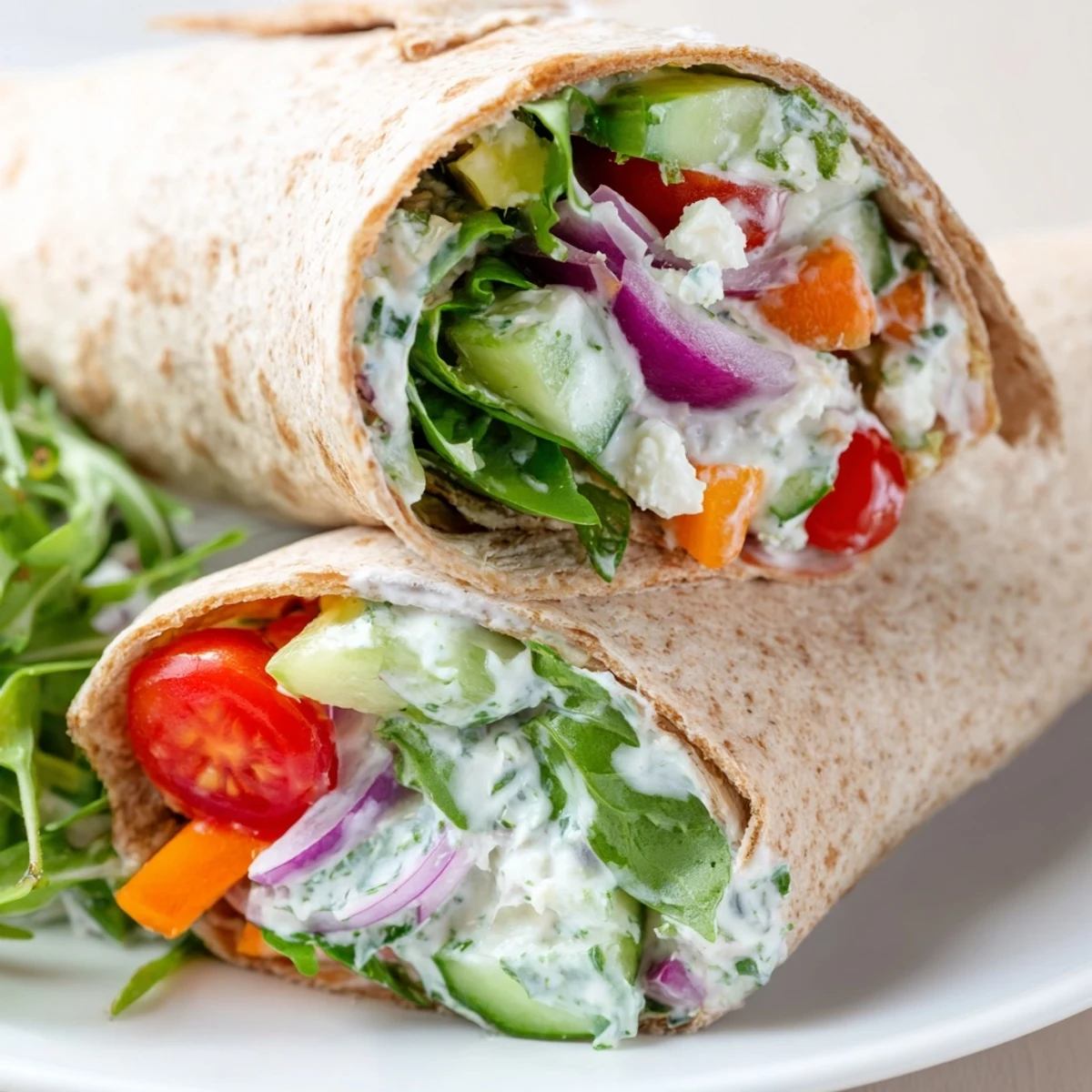 This vibrant Mediterranean Sandwich Wrap is filled with fresh veggies, creamy feta, and drizzled with yogurt sauce, served on a rustic wooden board.