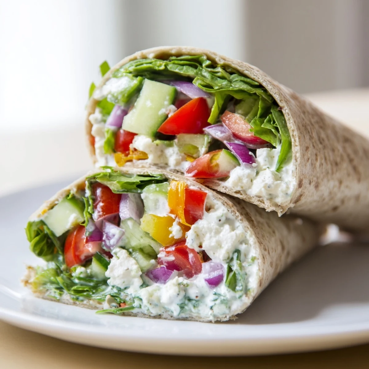 Freshly rolled Mediterranean Sandwich Wrap with colorful red onions, mixed greens, and a side of sparkling lemon water for a refreshing healthy lunch.