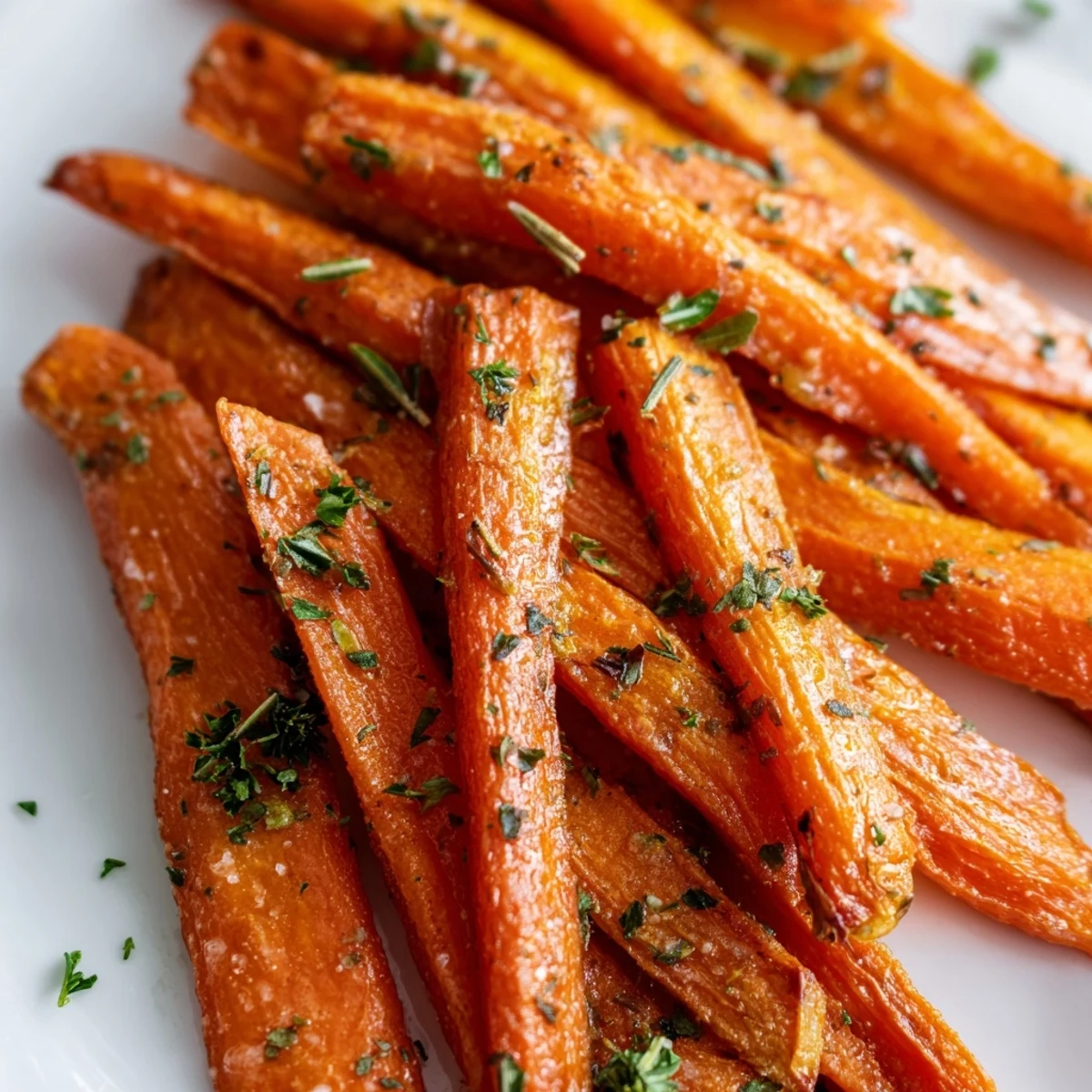 Golden roasted carrot sticks with thyme and rosemary on a white plate, served alongside grilled chicken for a colorful weeknight dinner.