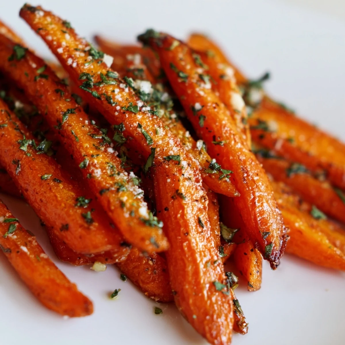 Crisp, caramelized Roasted Carrot Sticks with Herbs on a parchment-lined baking sheet, ready to garnish with fresh parsley for serving.