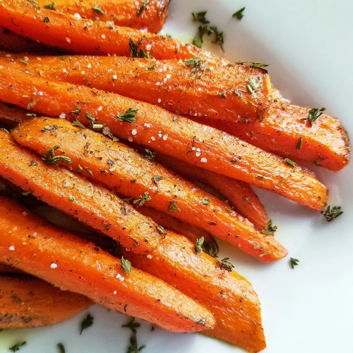 Sweet, tender Roasted Carrot Sticks with Herbs tossed in olive oil and garlic, plated warm with a drizzle of honey.