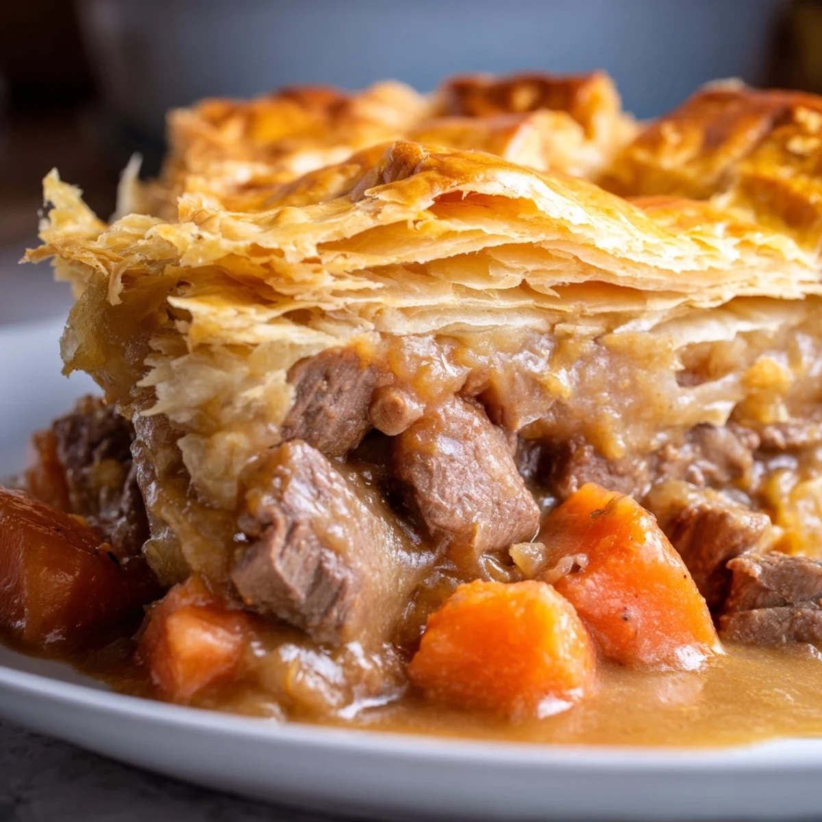 Golden, flaky pastry crust tops a rustic Beef Pie with Flaky Crust, filled with tender beef chunks and rich savory gravy.