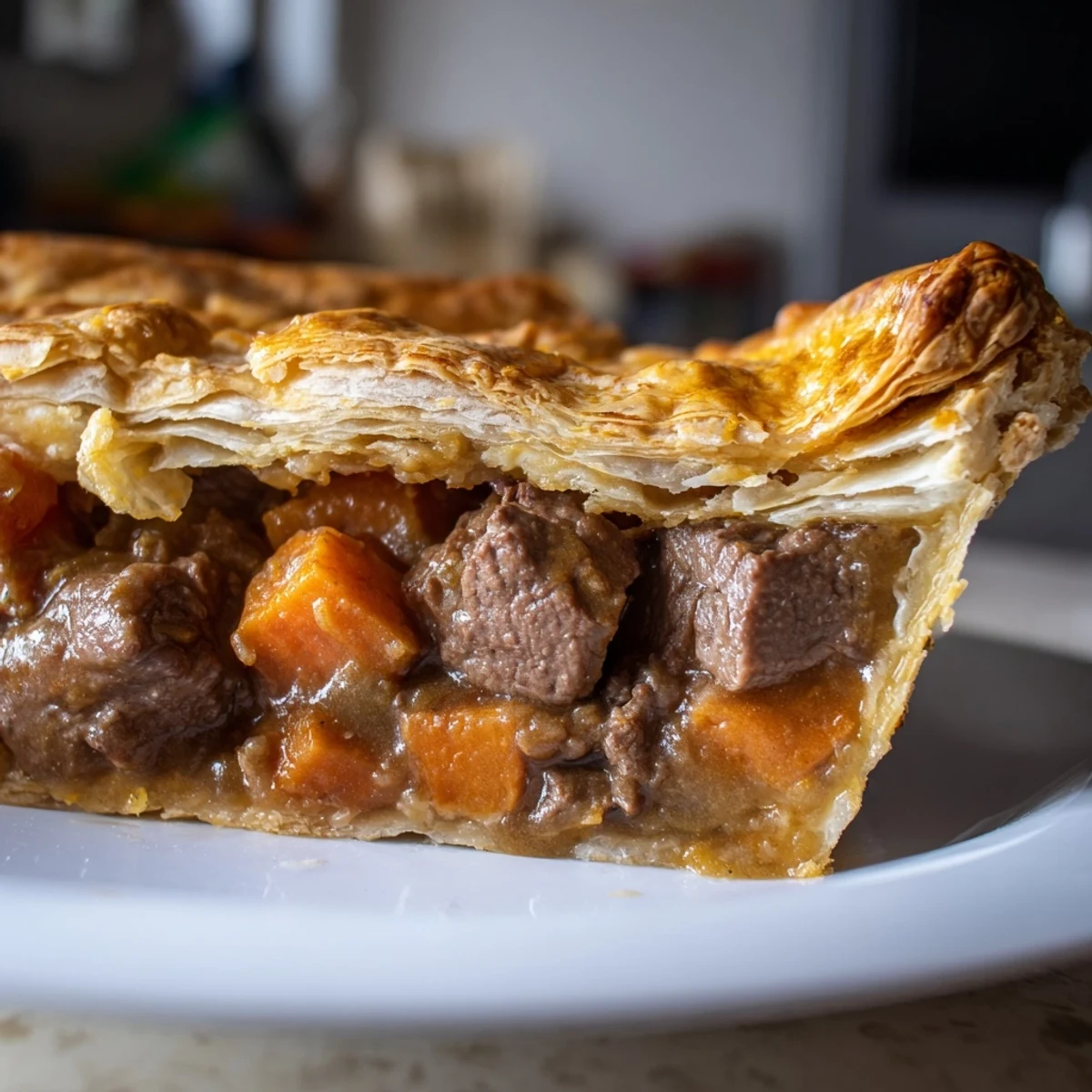 Steam rises from a hearty slice of Beef Pie with Flaky Crust, served beside creamy mashed potatoes and bright green peas.