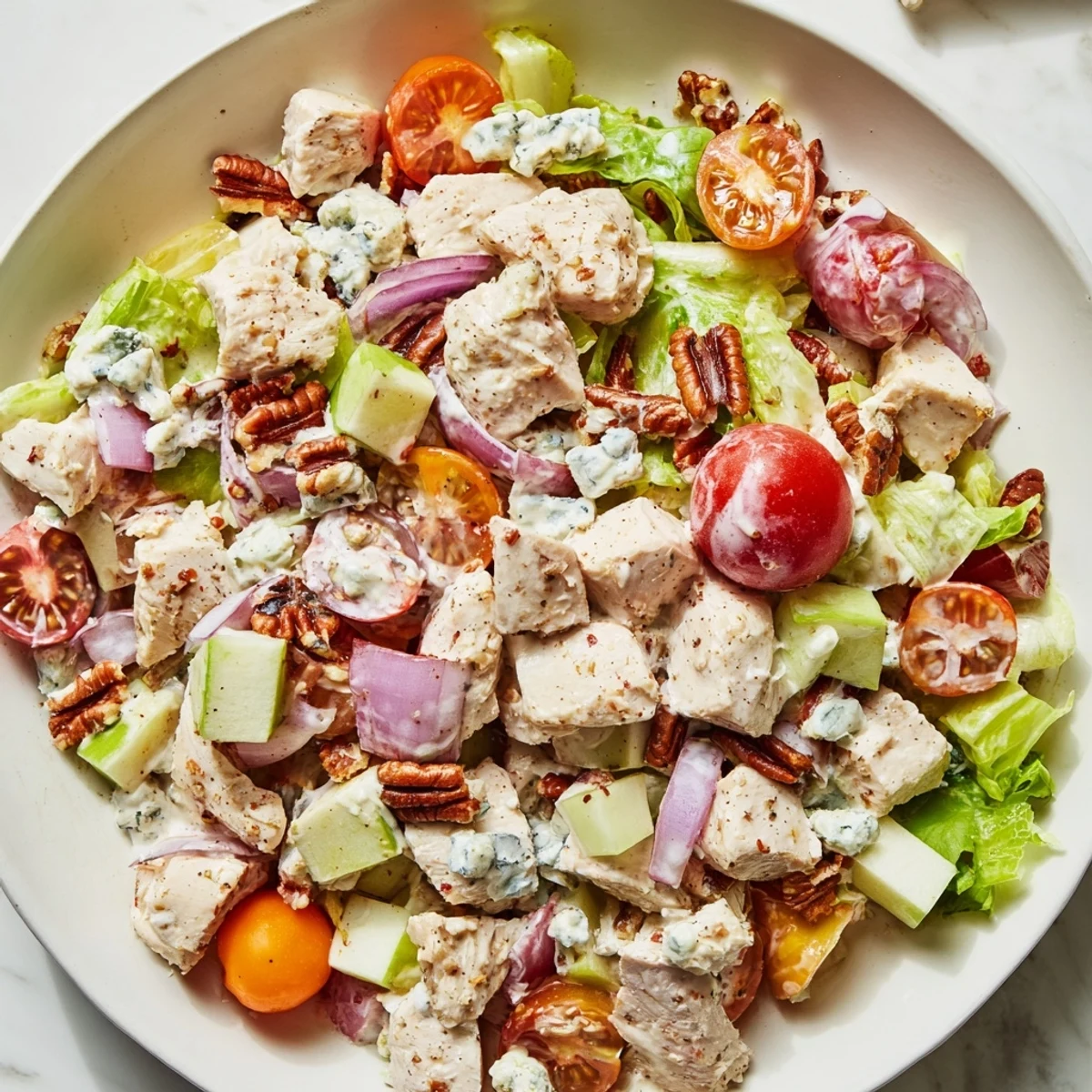 A large bowl of Chicken Pecan Salad with creamy dressing, cherry tomatoes, and blue cheese crumbles ready to serve.