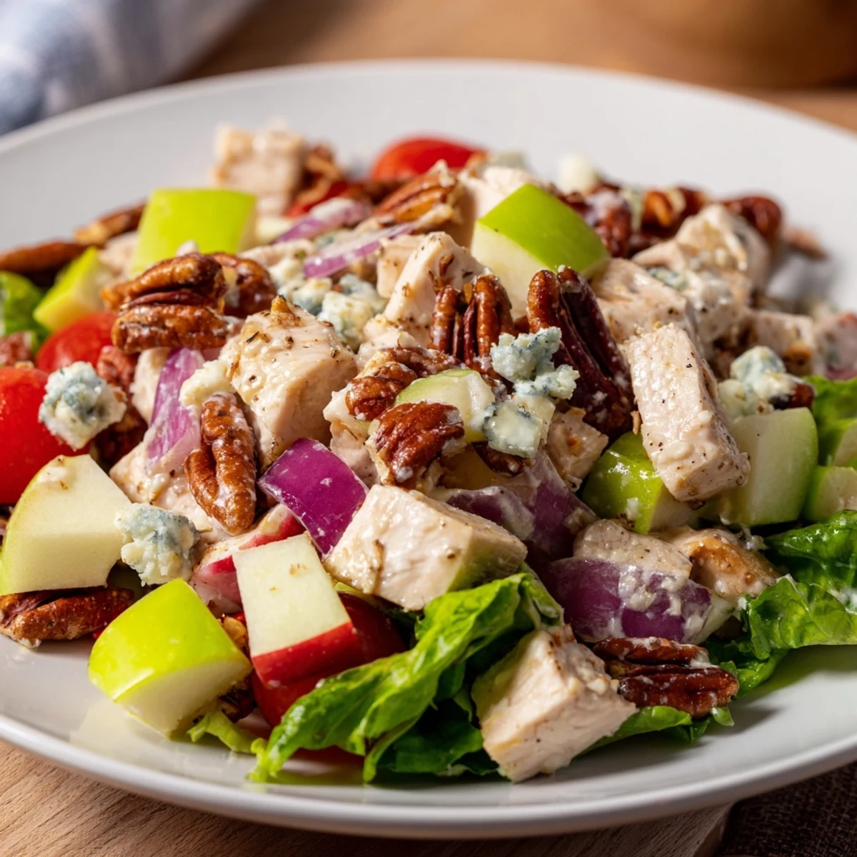 Homemade Chicken Pecan Salad with diced apples and celery tossed in a creamy dressing for a light lunch.