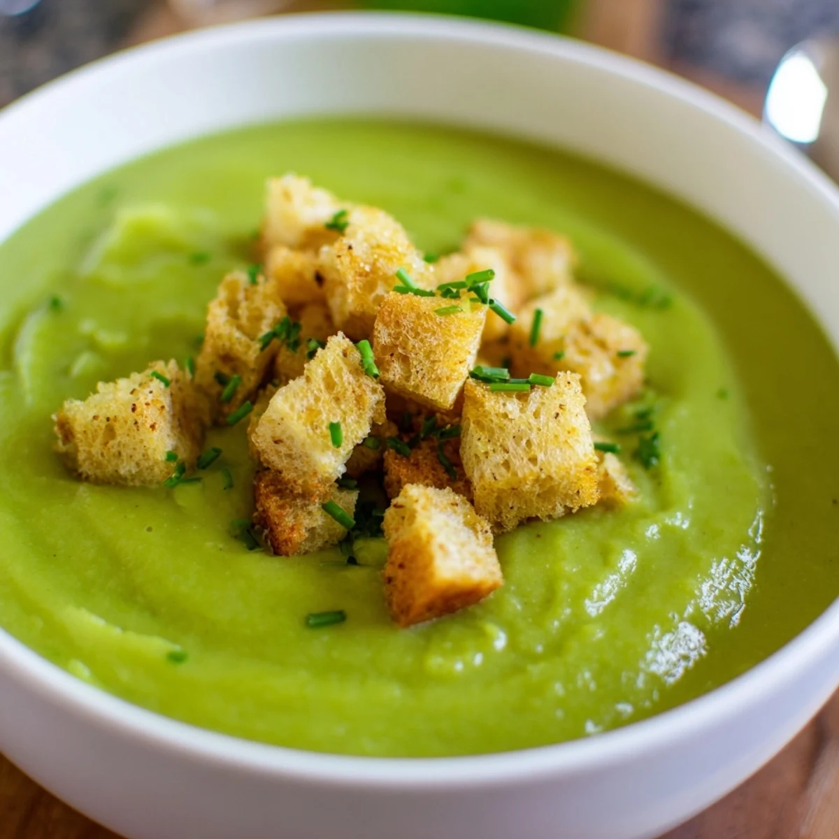 Warm Creamy Broccoli Soup with Croutons served in a rustic ceramic bowl beside crusty bread for dipping.