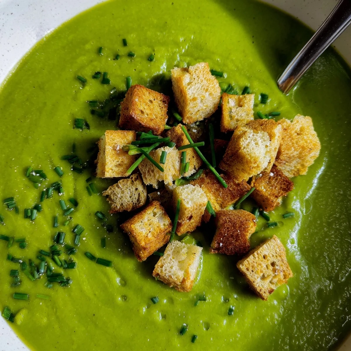 Creamy Broccoli Soup with Croutons is ladled into a white bowl, garnished with golden, crunchy croutons and fresh chives.