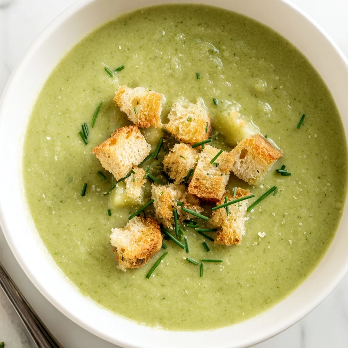 A spoon dips into Creamy Broccoli Soup with Croutons, revealing a velvety, bright green purée under crunchy toppings.