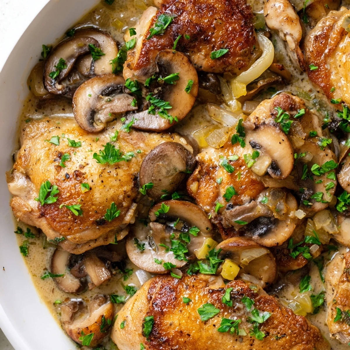 Golden-brown chicken breasts simmer in a creamy mushroom sauce with garlic and fresh thyme, served alongside steamed green beans for a complete weeknight meal.