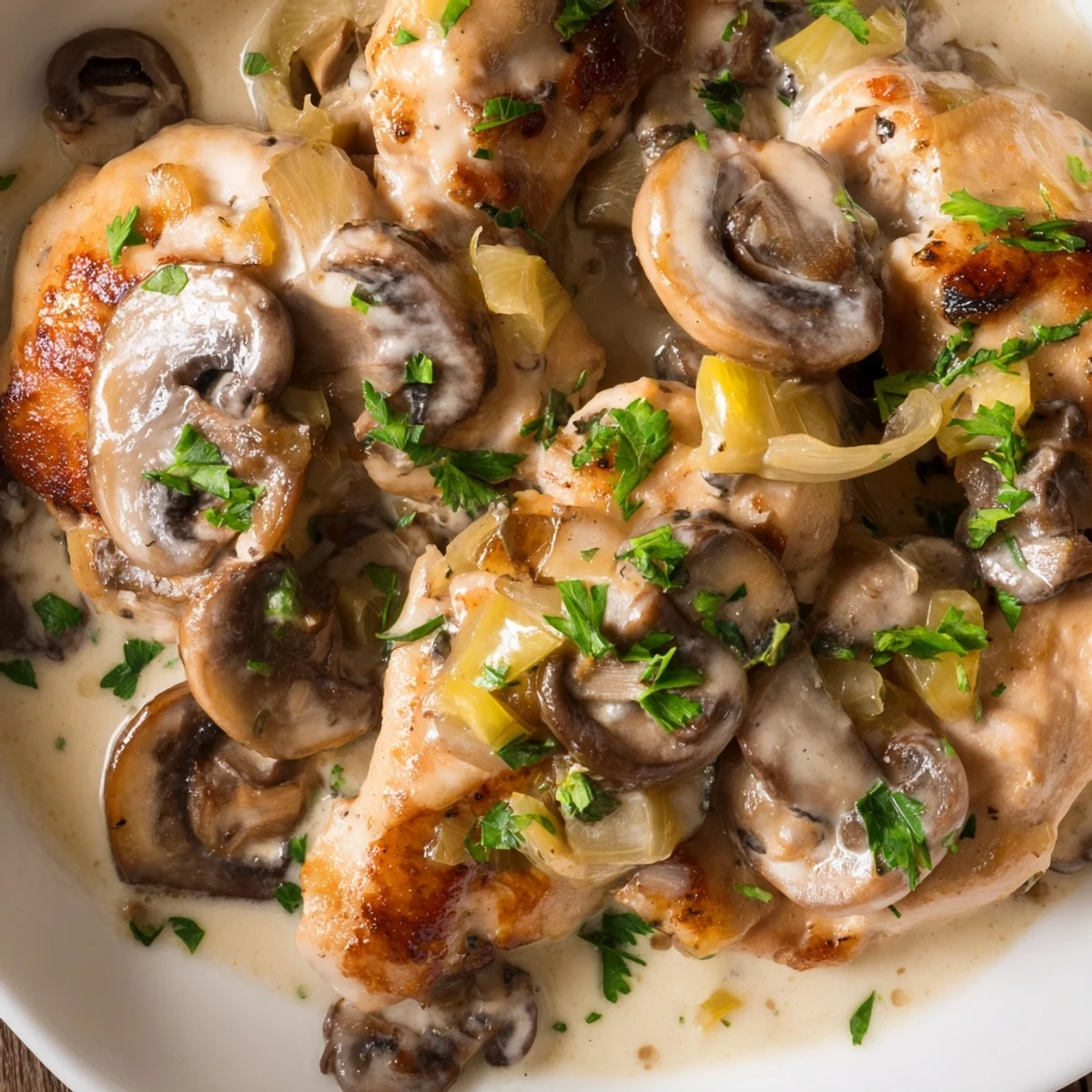 A rustic one-pan skillet showcases tender chicken bathed in a rich, velvety mushroom sauce, garnished with fresh parsley and a wooden spoon ready to serve.