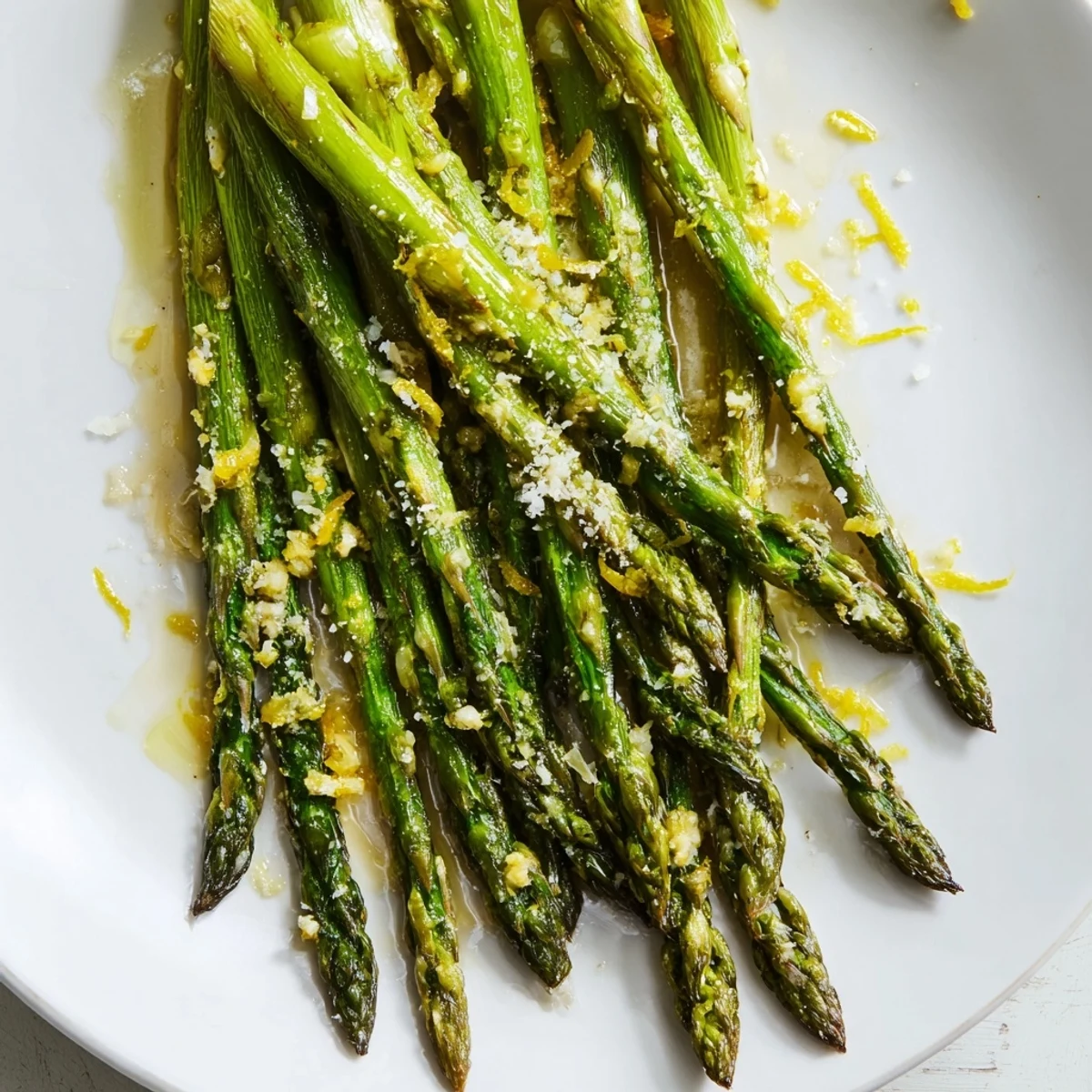 Tender Lemon Garlic Roasted Asparagus spears glistening with olive oil and lemon on a baking sheet.