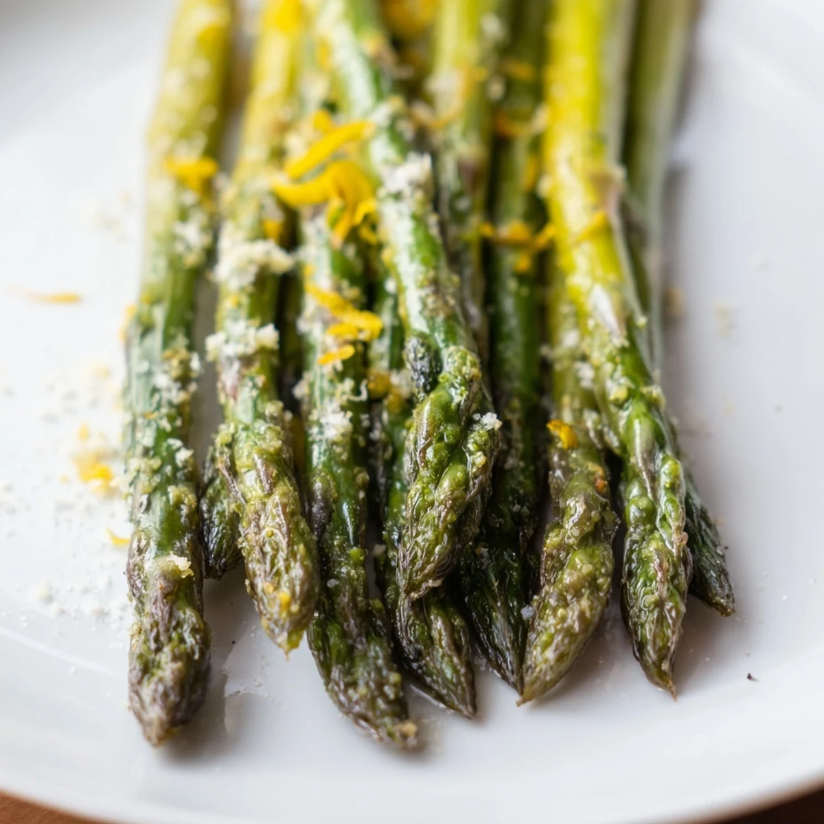 Freshly roasted Lemon Garlic Roasted Asparagus topped with Parmesan, ready to serve beside grilled salmon.