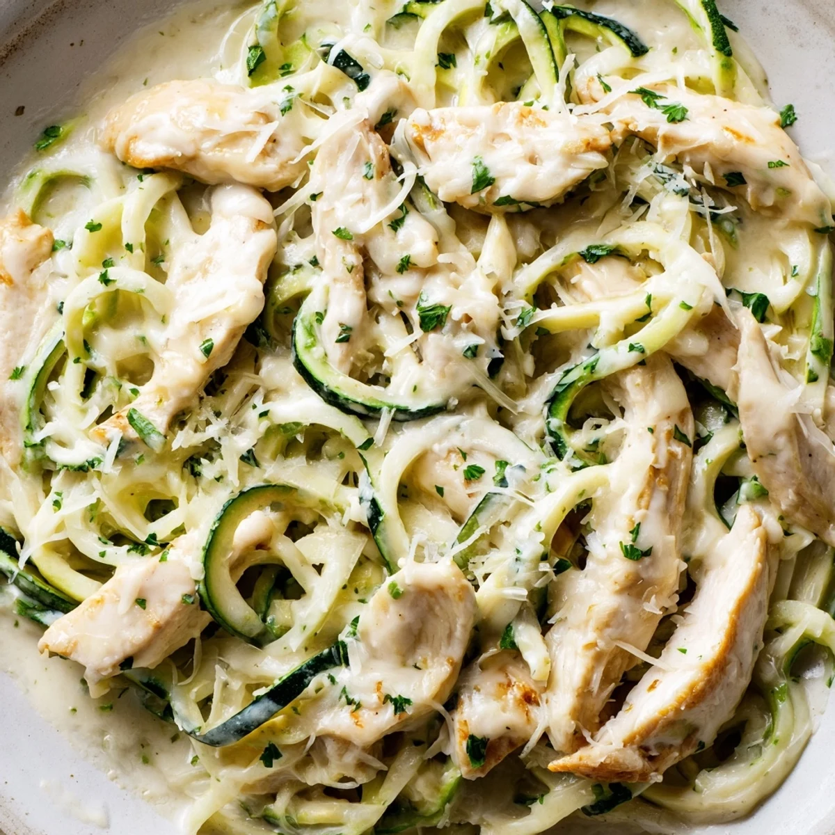 Creamy Chicken Alfredo with Zucchini Noodles swirls in a skillet, garnished with parsley and extra Parmesan, served warm for a low-carb family dinner.