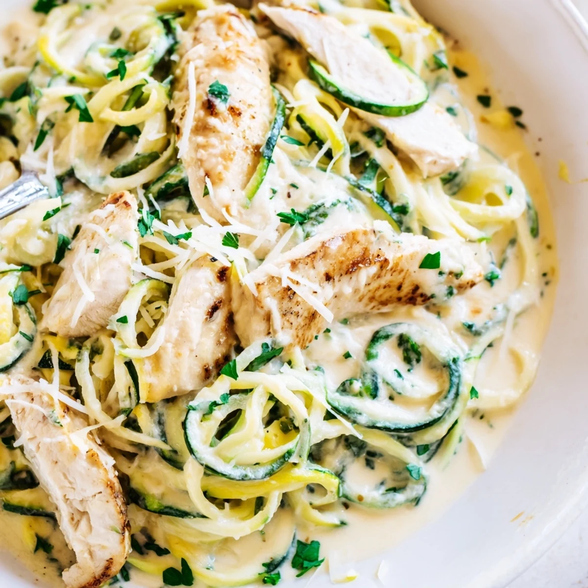 Sliced seared chicken breast rests atop tender zucchini noodles coated in a rich, garlicky Alfredo sauce, perfect for a quick weeknight Italian-inspired meal.