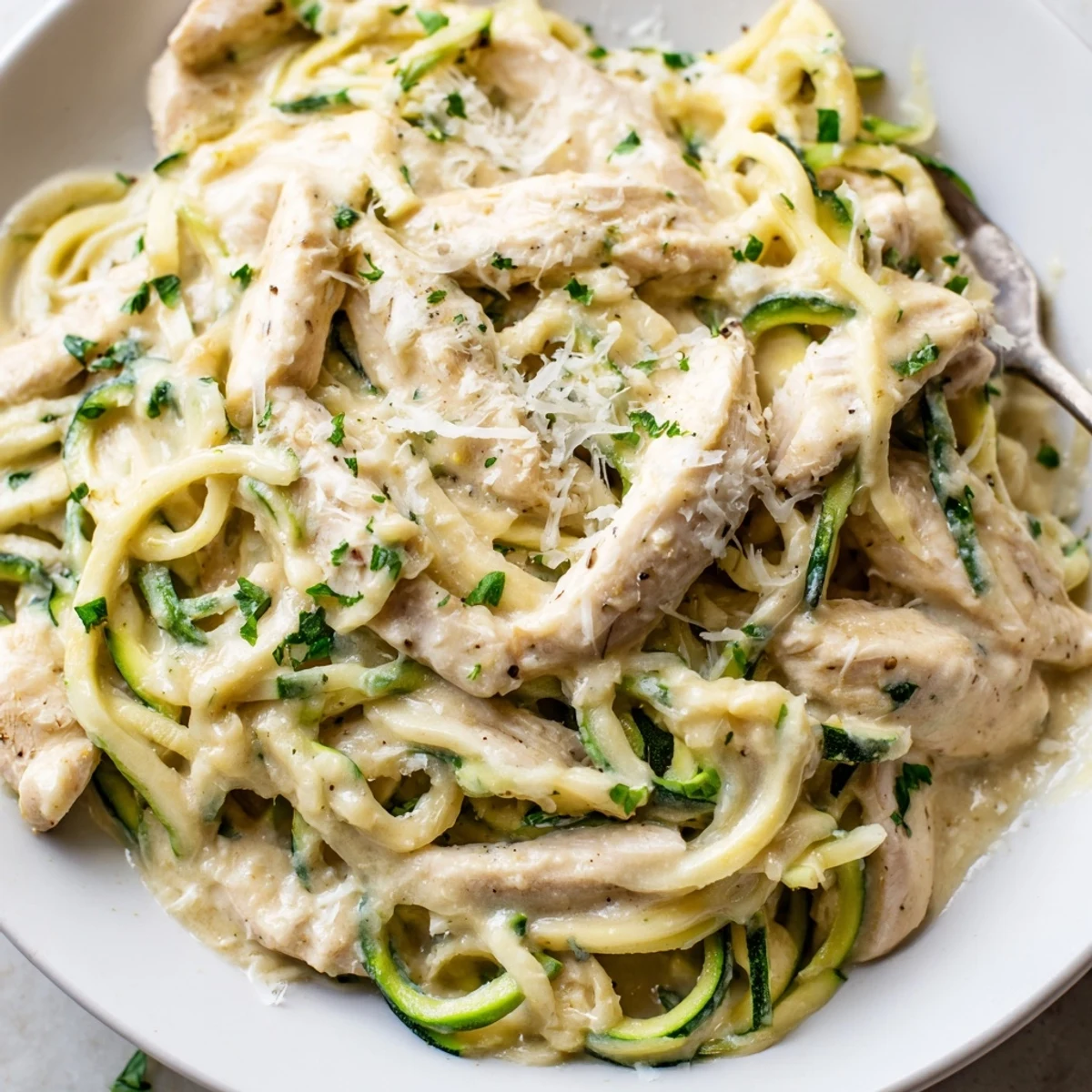 A fork lifts a bite of Chicken Alfredo with Zucchini Noodles, with steam rising and fresh parsley, showcasing a wholesome, gluten-free main dish option.