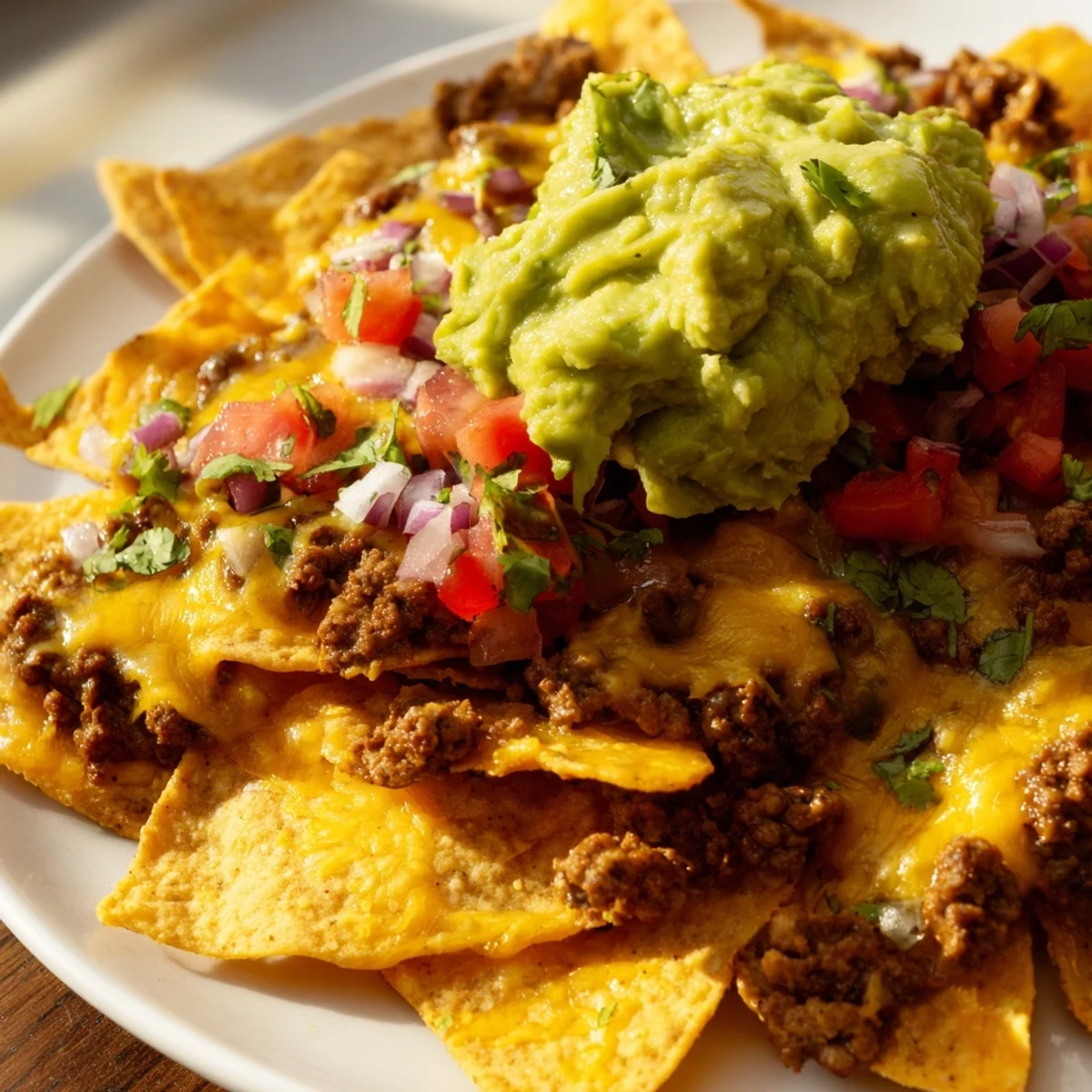Golden-brown baked beef nachos with melted cheese and creamy guacamole piled high on a serving platter.