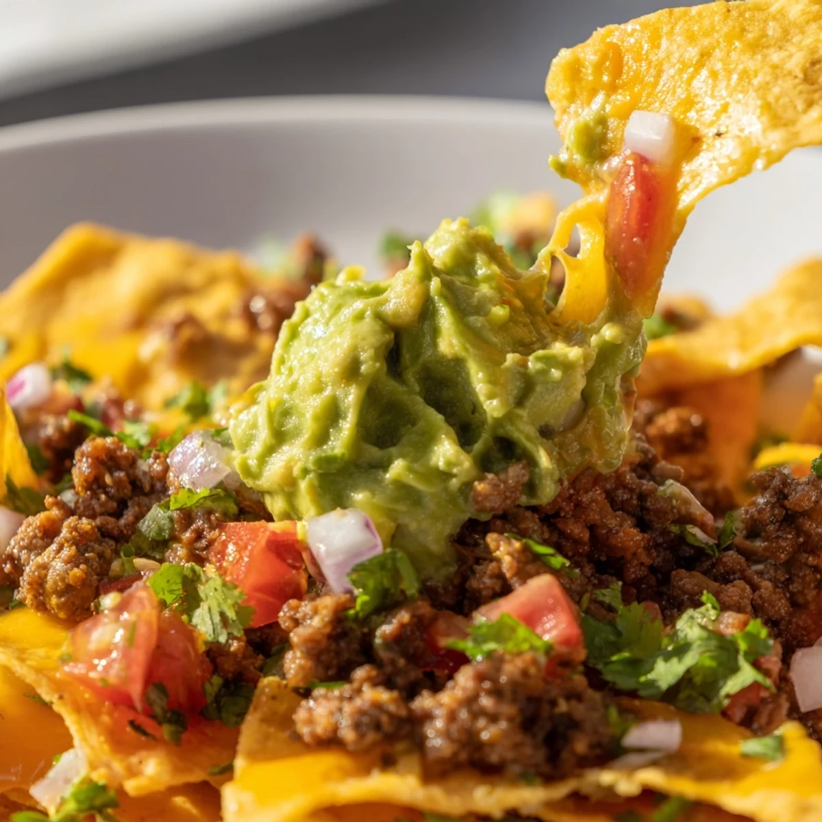 Fresh guacamole and sour cream garnish these loaded Tex-Mex nachos, perfect for a game day snack.