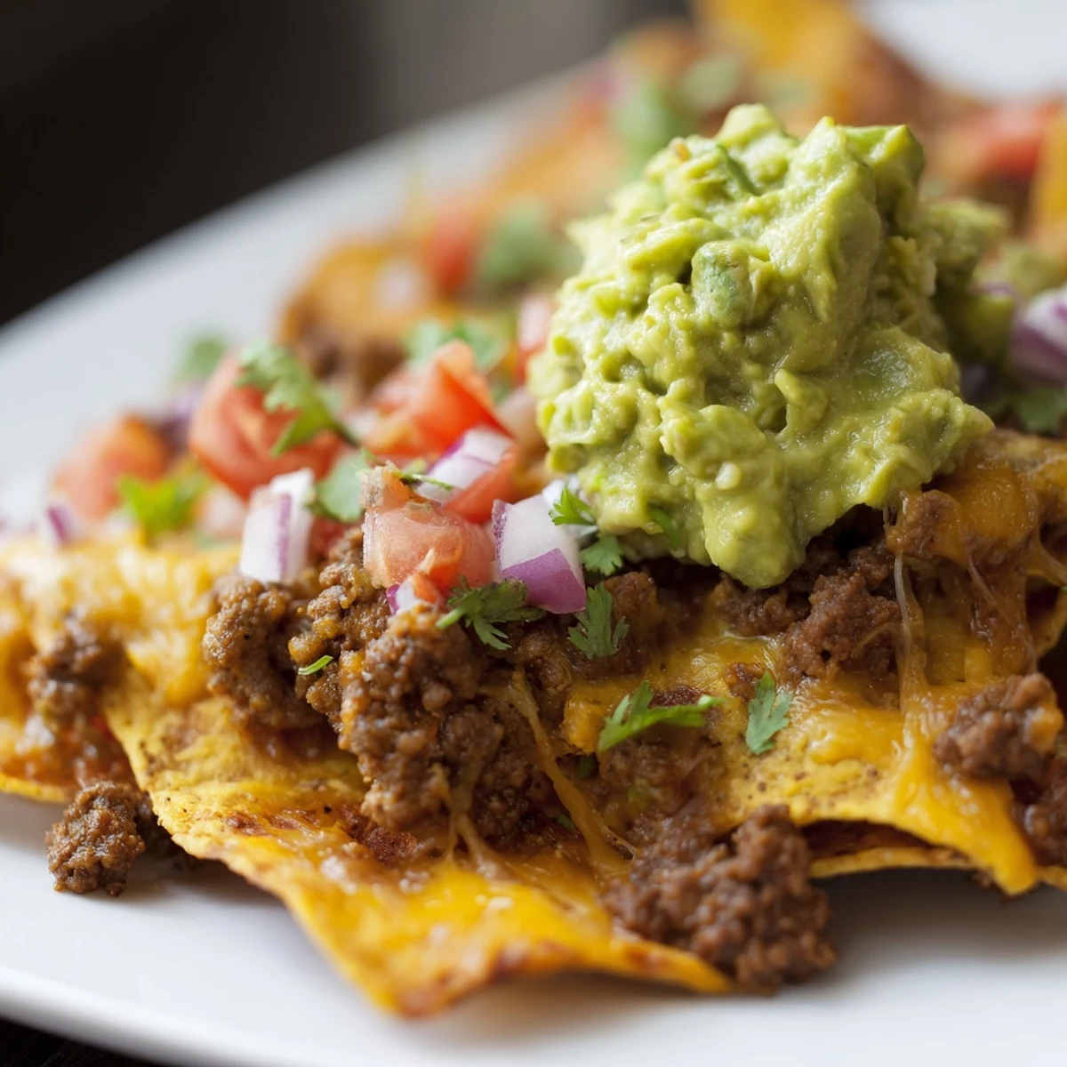 Crispy tortilla chips topped with savory spiced beef and Monterey Jack cheese, ready to serve.