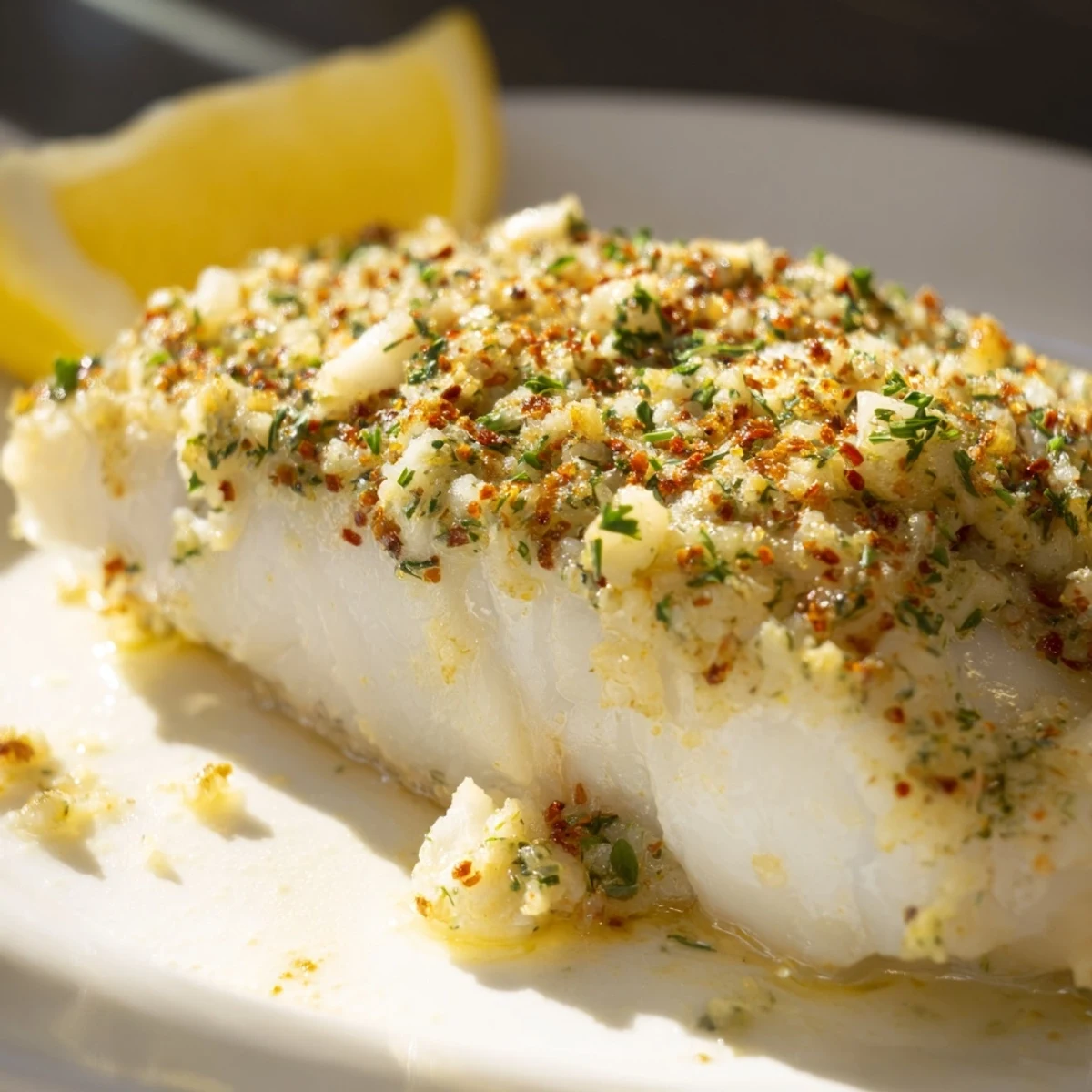 Fragrant garlic and herb-topped baked halibut fillets sizzling in a baking dish, ready to serve.