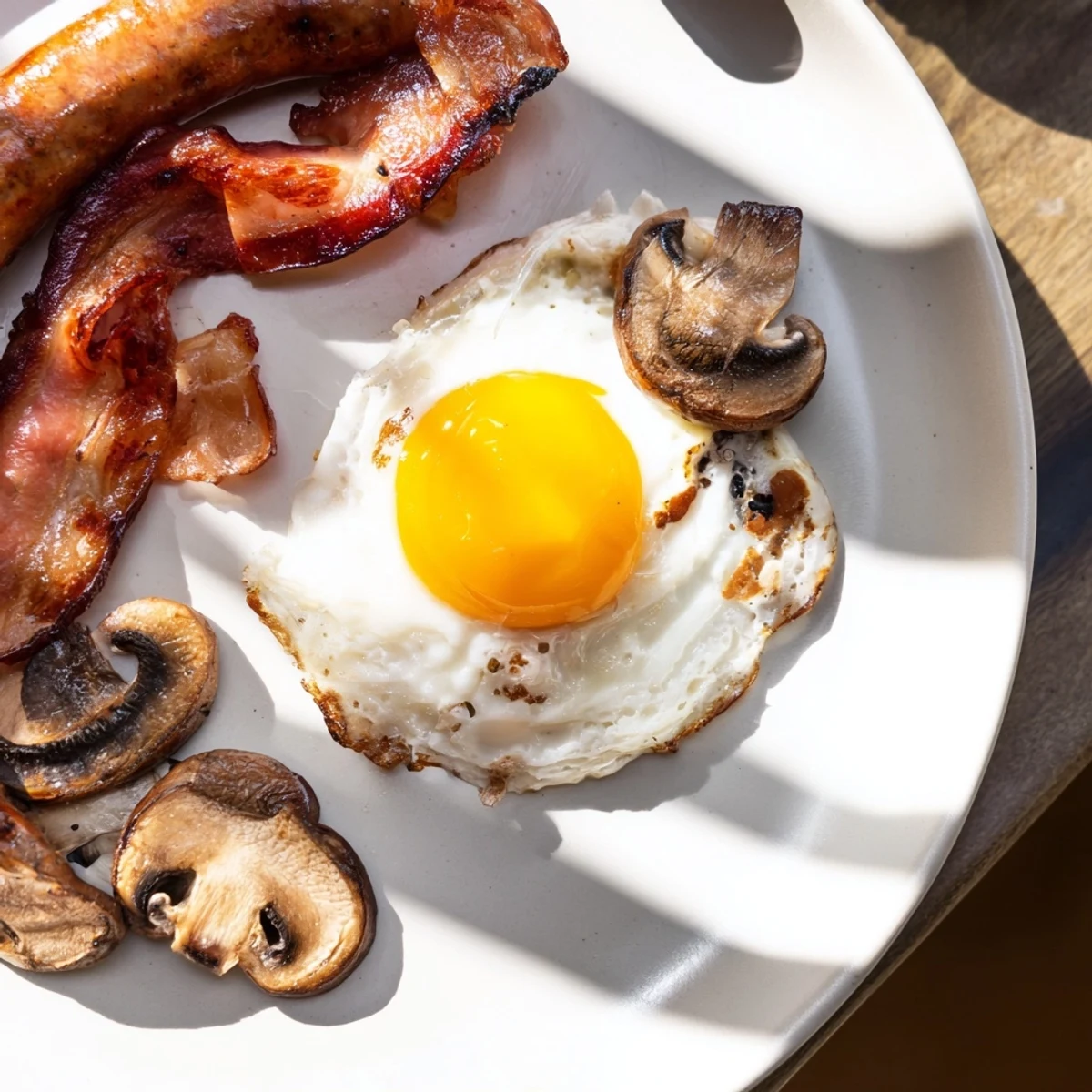 Golden halal beef bacon and sausages sizzle beside caramelized tomatoes and mushrooms on a plate, a hearty Traditional Irish Breakfast ready to serve.